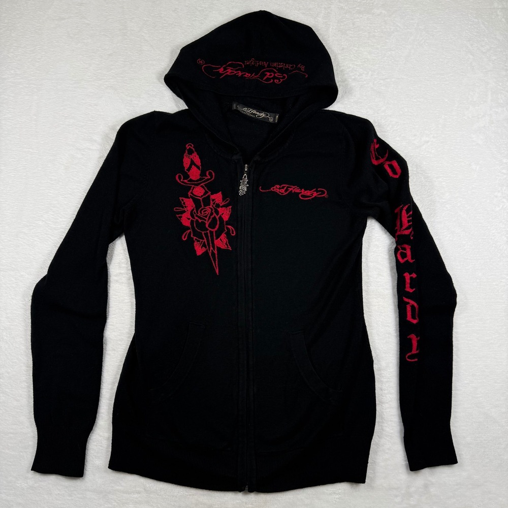 Ed Hardy Christian Audigier Black Red Embroidered Zip‎ Hoodie Skull Dagger L